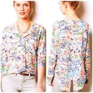 Maeve Anthropologie London Map Print Button Up Shirt Long Sleeve Women Sz 4